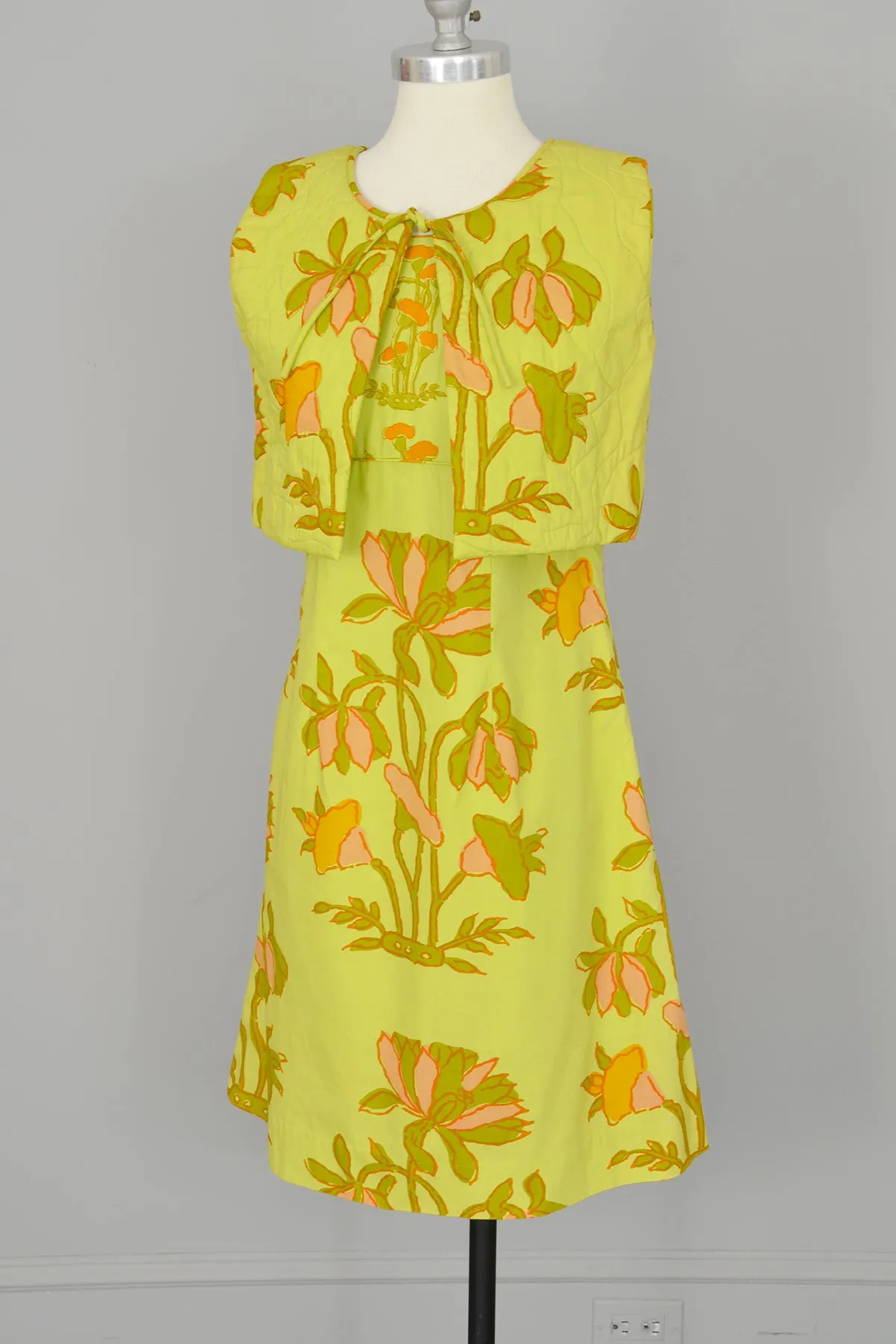 1960s Chartreuse Op Art Tropical Floral Print A-Line Mini Dress and Quilted Cropped Vest | Design Thai Bangkok | 1960s Mini Dress