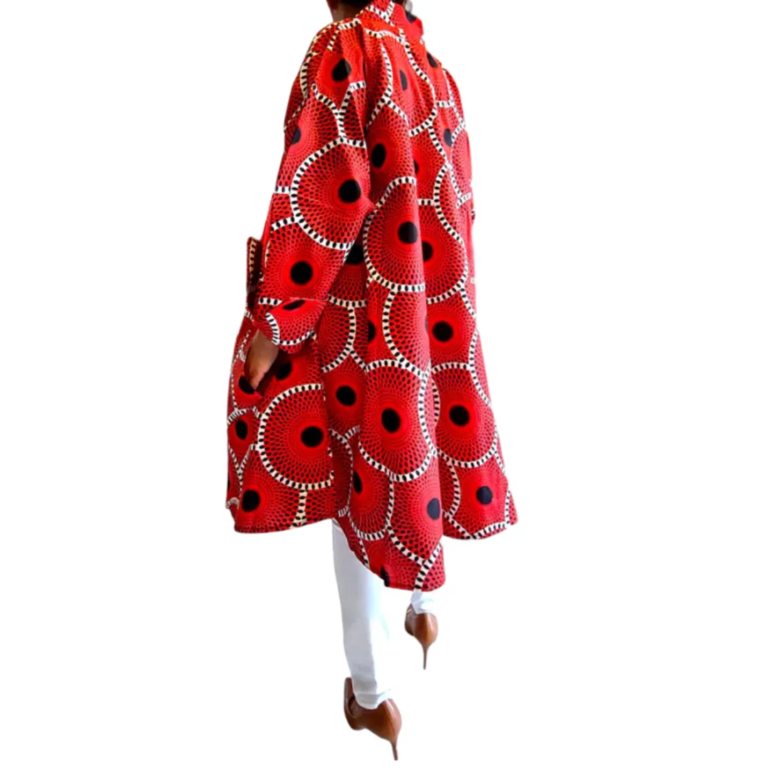 African Ankara Print Dress Blousec red black