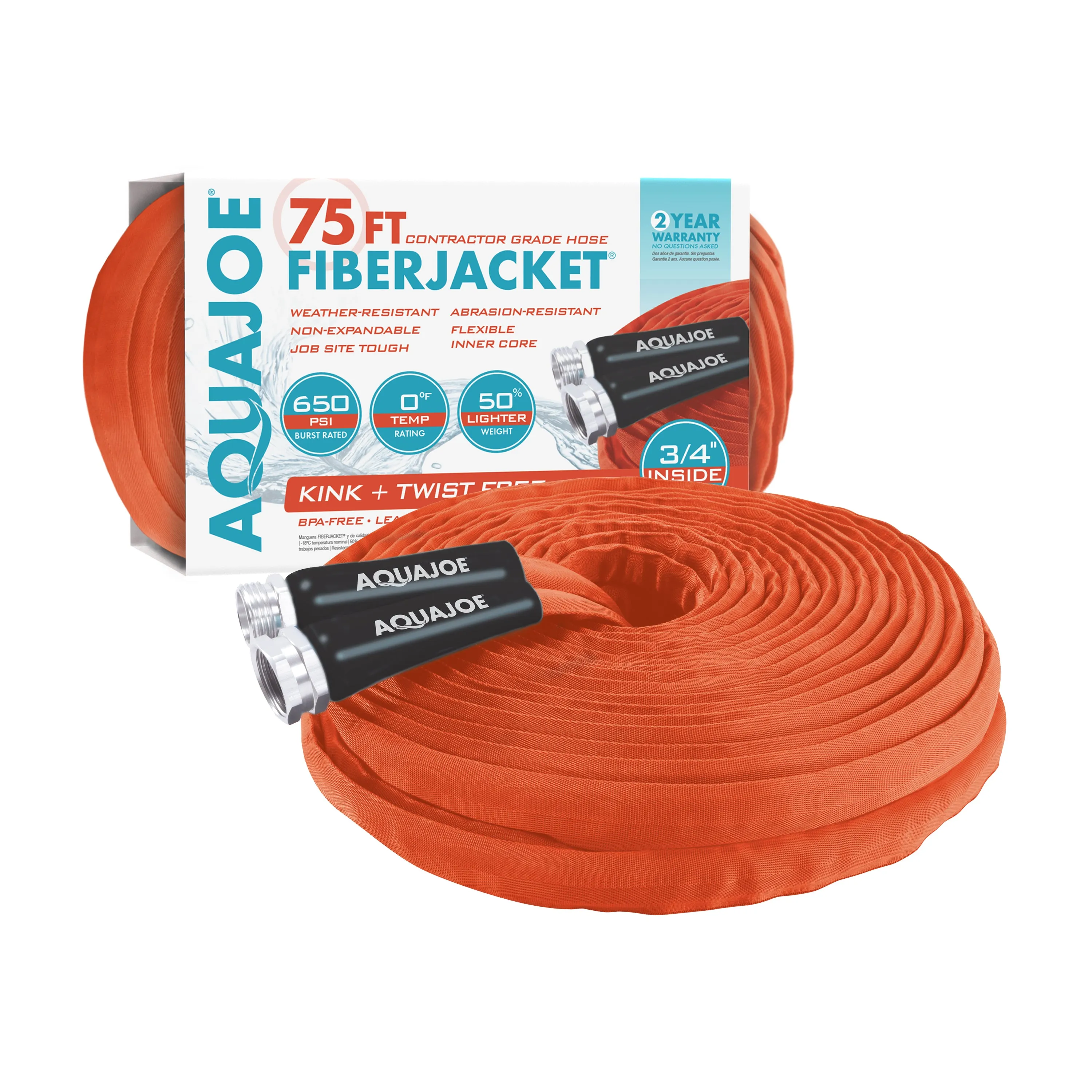 Aqua Joe AJFJH75-34-CTR Non-Expanding Kink-Resistant Contractor Grade FiberJacket Hose | 75-Ft | 3/4-in | 650-PSI BURST (Orange)