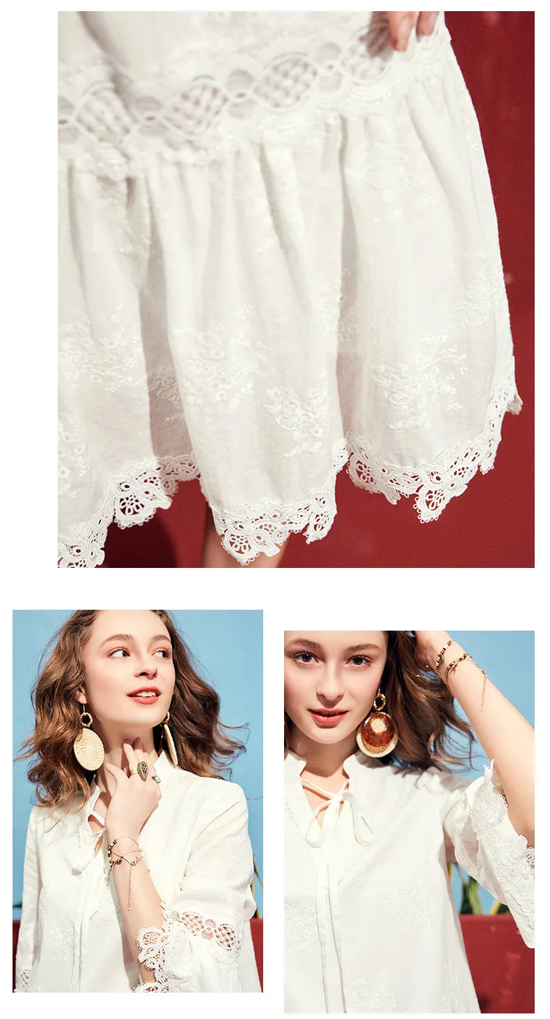 ARTKA LACE INSERT SMOCK DRESS IN WHITE