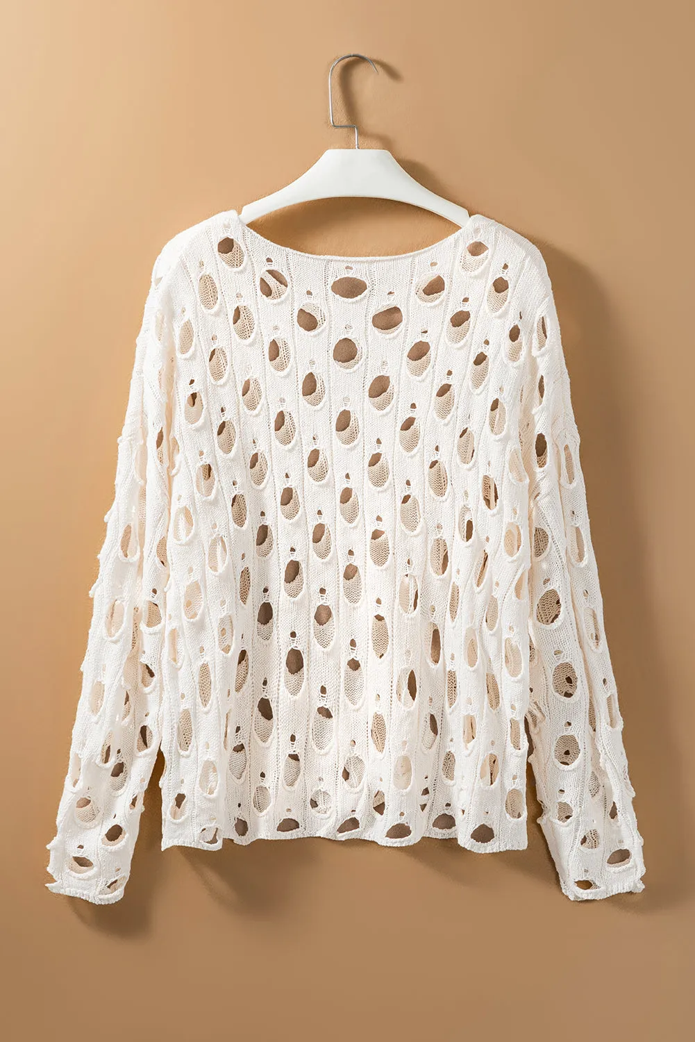 Beige Crochet Hollow-out Batwing Sleeve Sweater