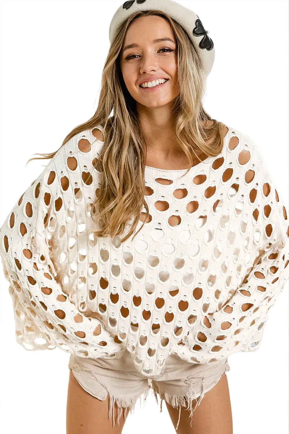 Beige Crochet Hollow-out Batwing Sleeve Sweater