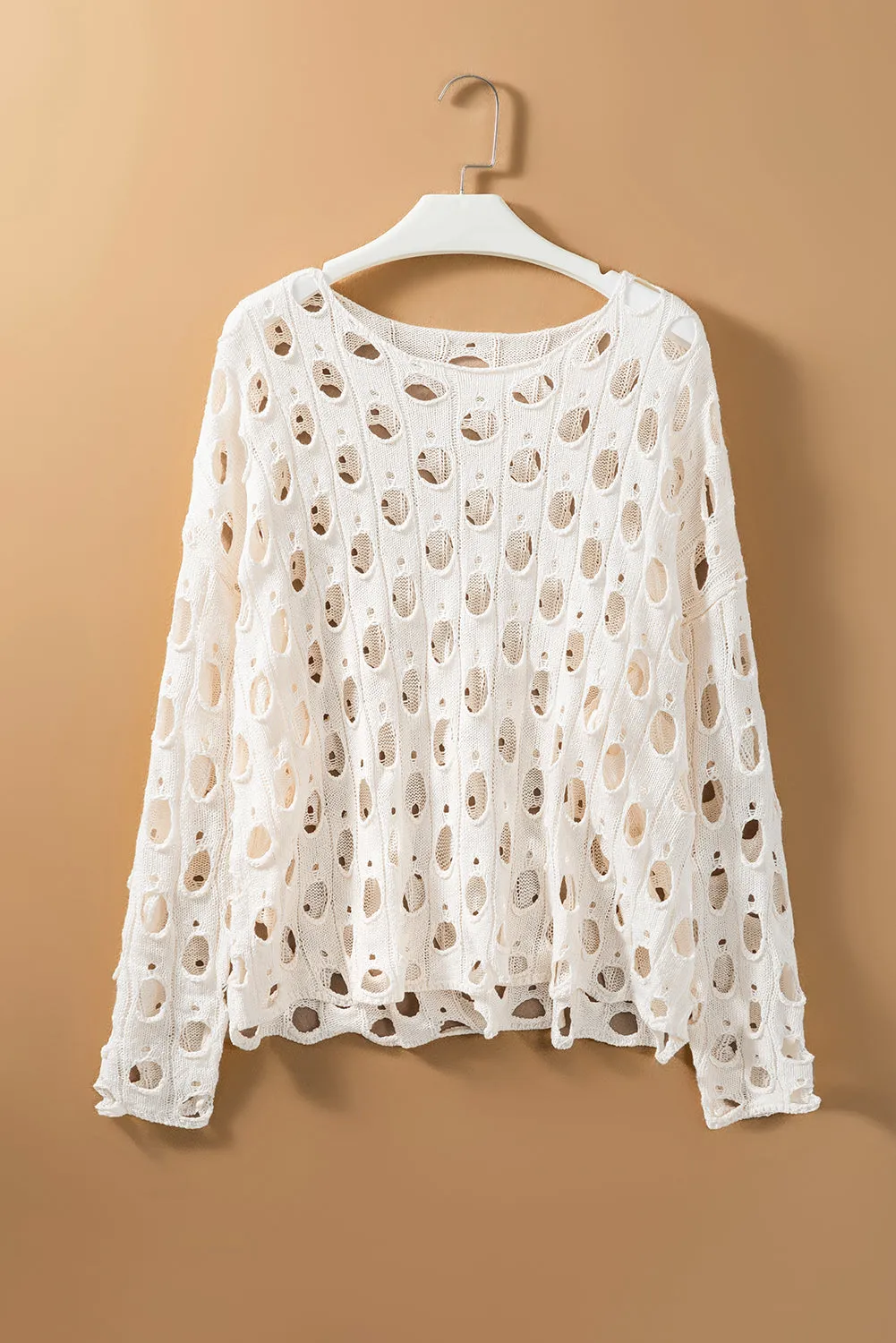 Beige Crochet Hollow-out Batwing Sleeve Sweater