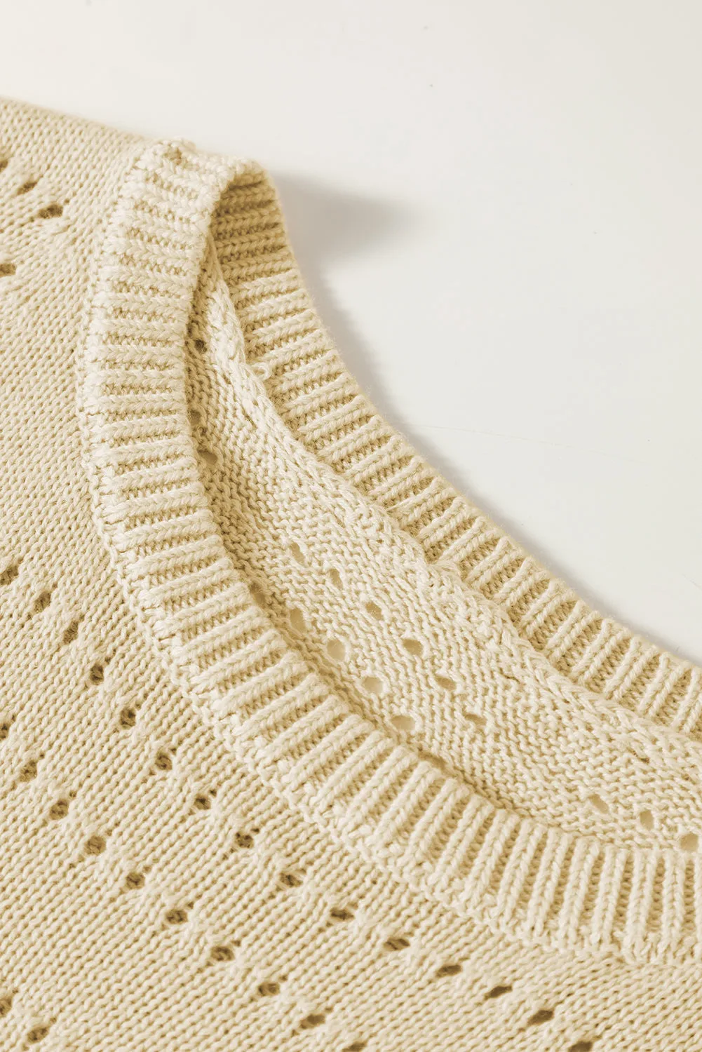 Beige Knitted Hollow out Short Sleeve Crop Sweater