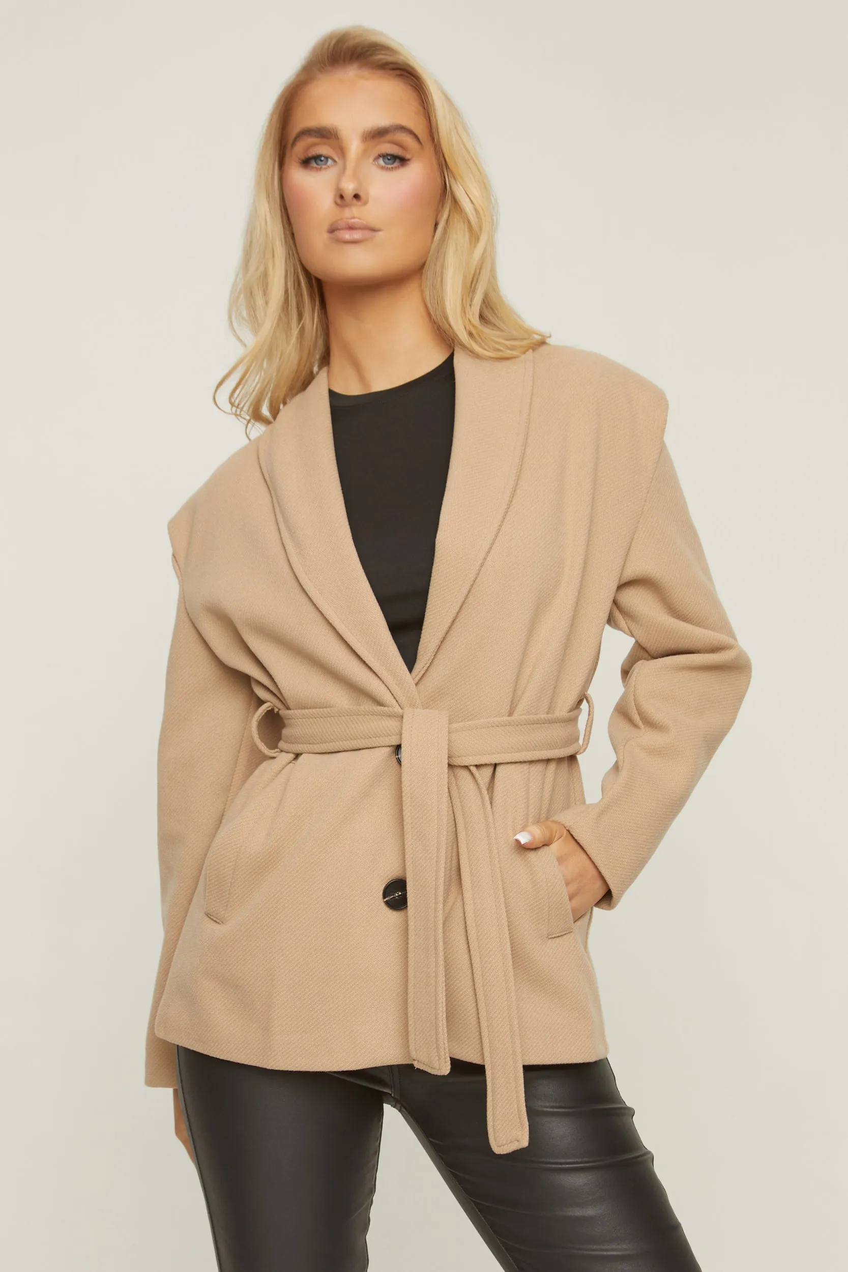 Beige Wool Look Shoulder Pads Tie Front Long Sleeves Jacket - Gemma