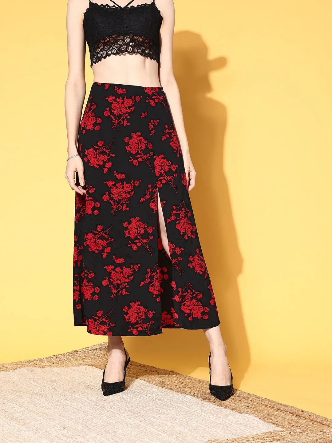 Berrylush Women Black & Red Floral Printed Thigh-High Slit Flared A-Line Midi Skirt