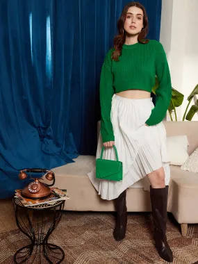 Berrylush Women Solid Green Round Neck Drop-Shoulder Sleeves Ribbed Hem Cropped Sweater