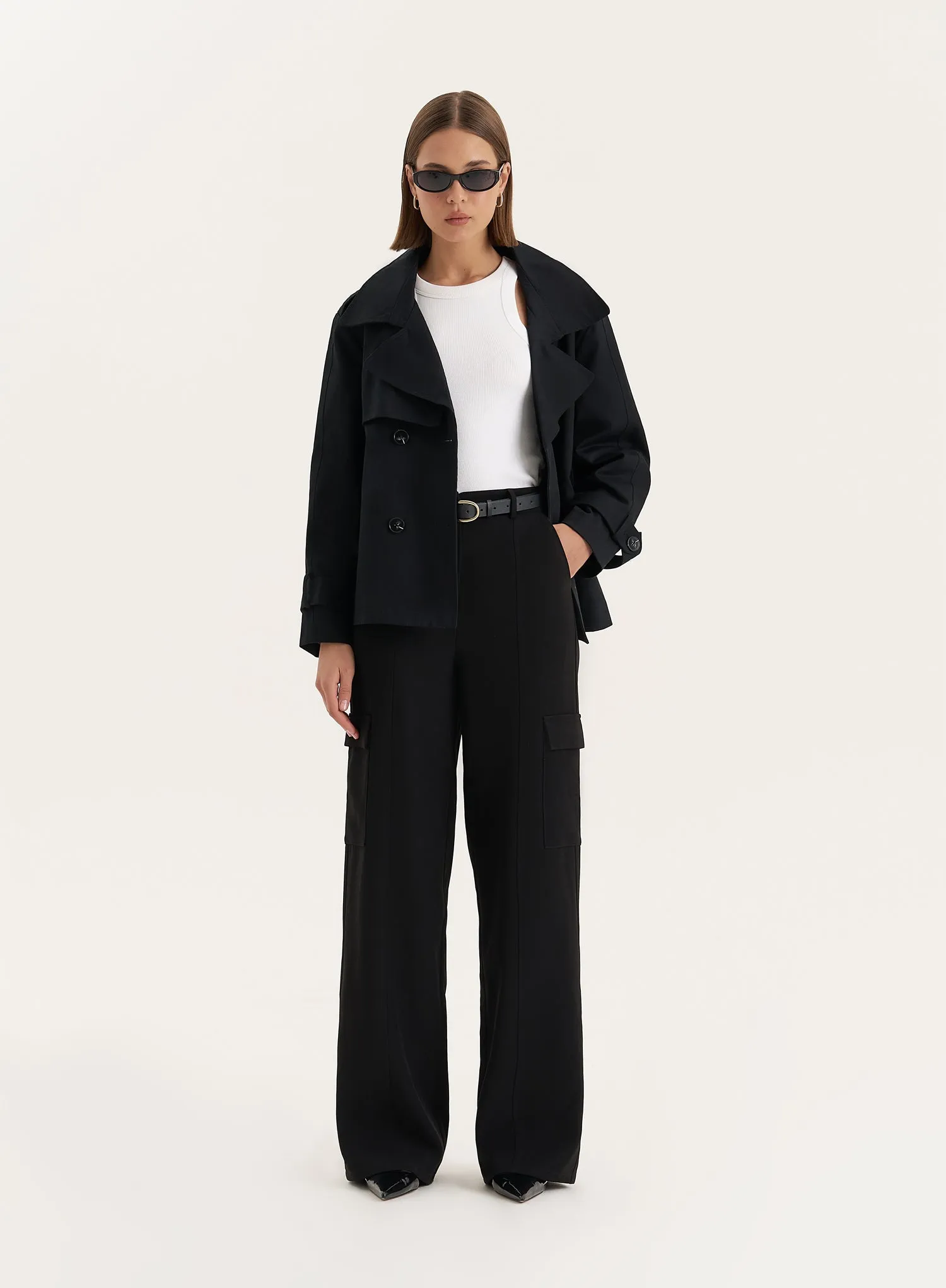 Black Cropped Trench Coat- Harlia