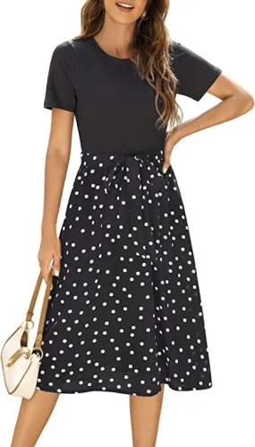 Black Polka Dots Women Short Sleeve Ribbed Midi Dress Modest Casual Work Dress with Pockets - Zattcas