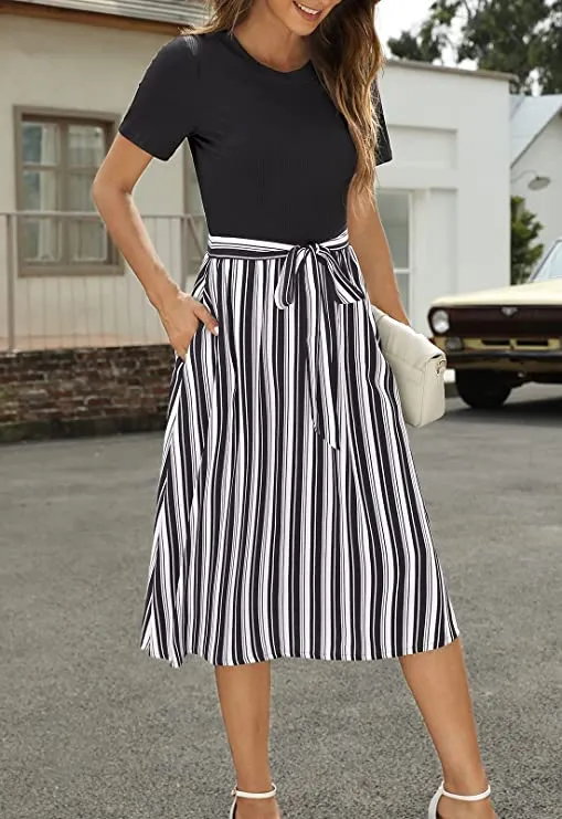 Black Polka Dots Women Short Sleeve Ribbed Midi Dress Modest Casual Work Dress with Pockets - Zattcas