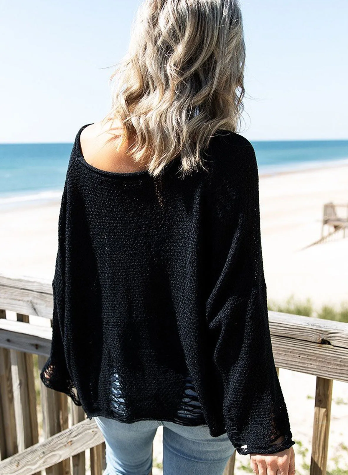 Black Ripped Crop Knit Pullover Sweater