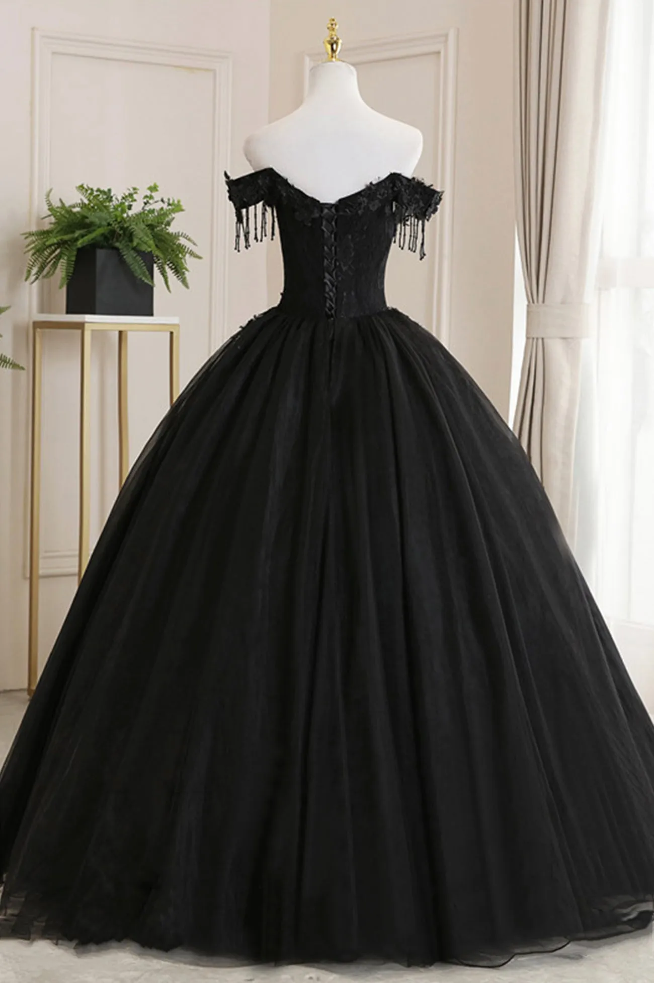 Black Tulle Lace Off the Shoulder Prom Dress, Black A-Line Evening Dress