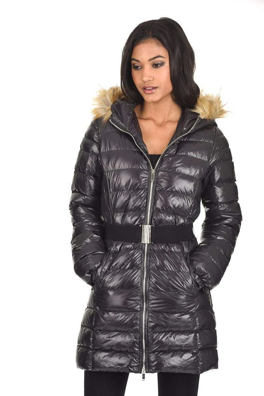 Black Wet Look Long Puffer Coat