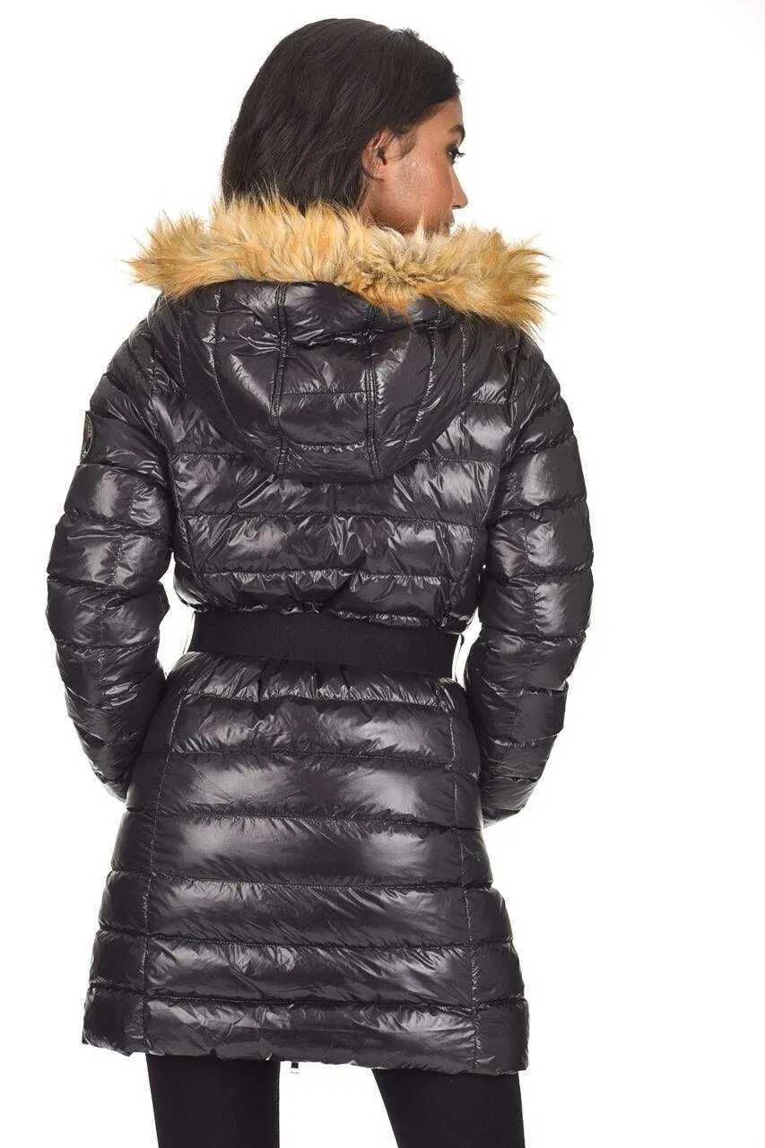 Black Wet Look Long Puffer Coat