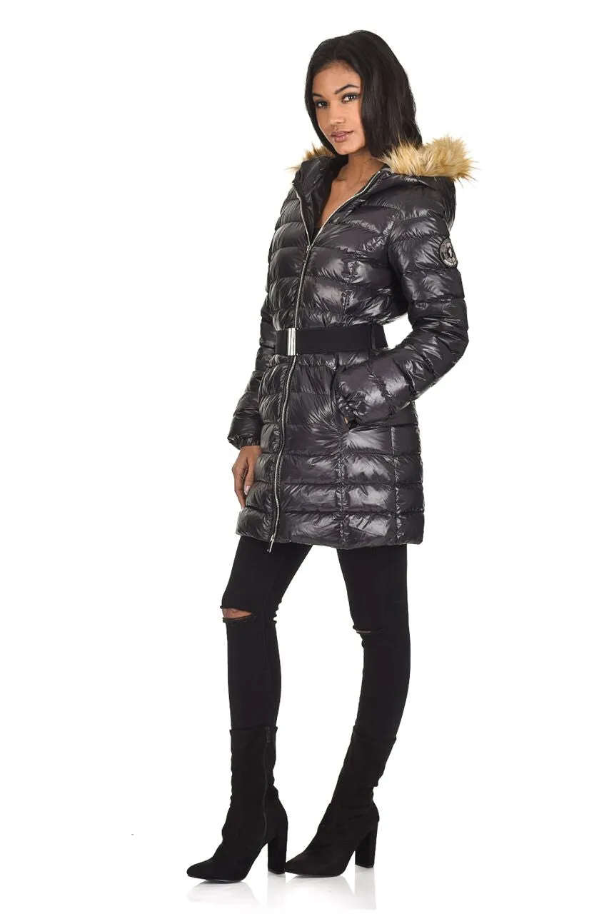 Black Wet Look Long Puffer Coat