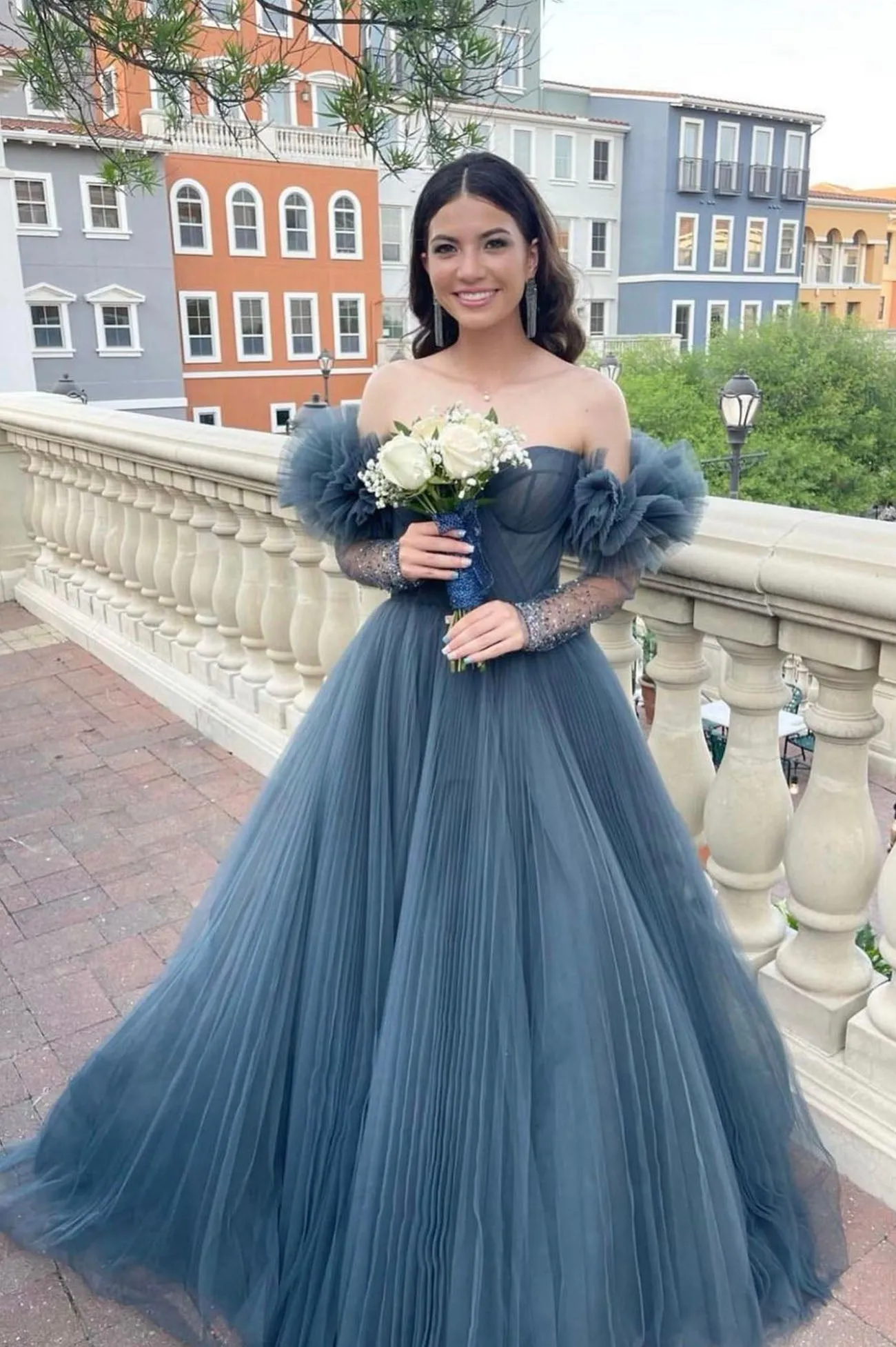 Blue Tulle Long A-Line Prom Dress