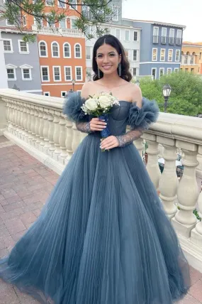 Blue Tulle Long A-Line Prom Dress