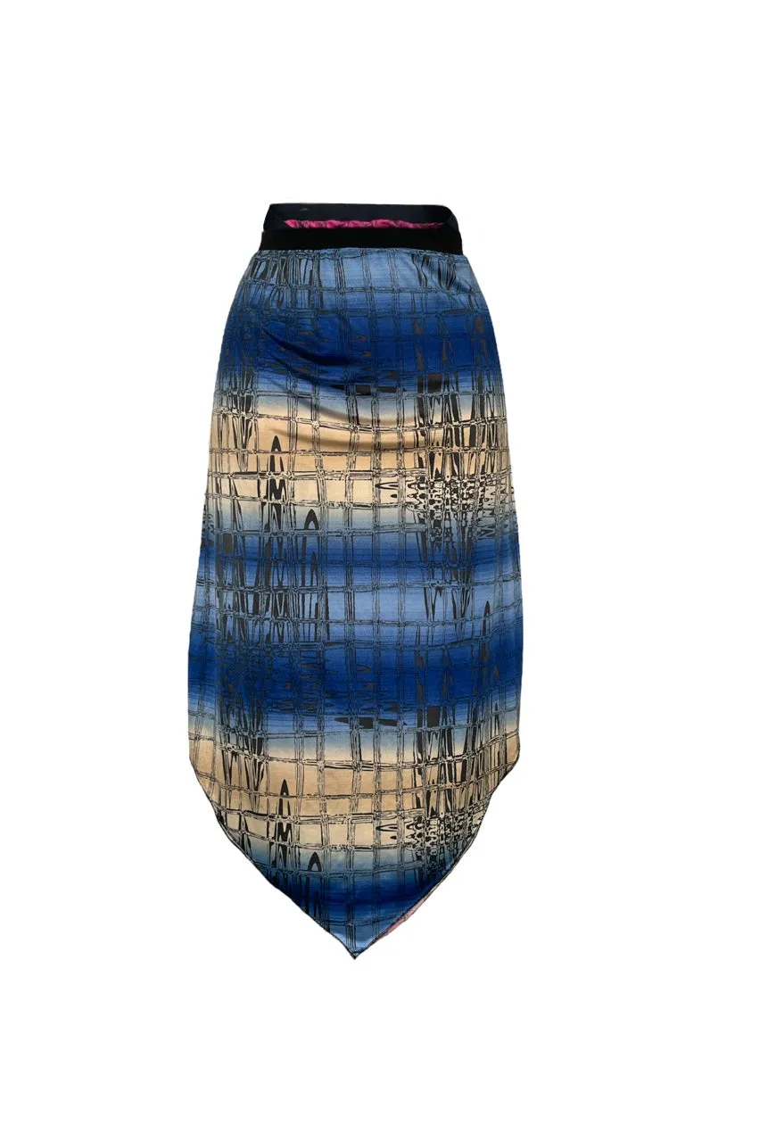 BLUE/PINK GRID REVERSIBLE POINTED HEM SKIRT