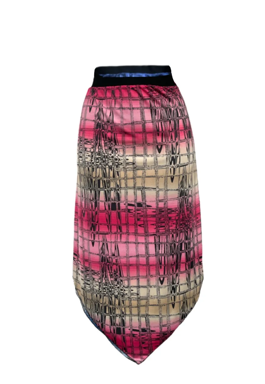 BLUE/PINK GRID REVERSIBLE POINTED HEM SKIRT