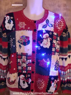 Busy Snowman Themed Light Up Cheesy Christmas Sweater