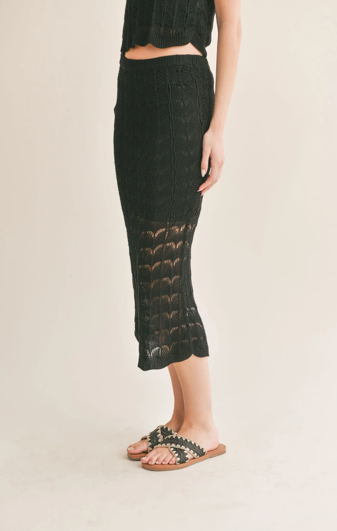 Cappuccino Open Knit Midi Skirt | Black