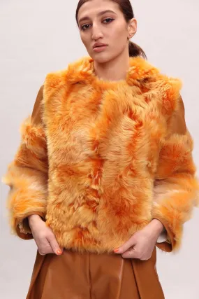 Casual Cropped Fur Coat in Light Red Orange