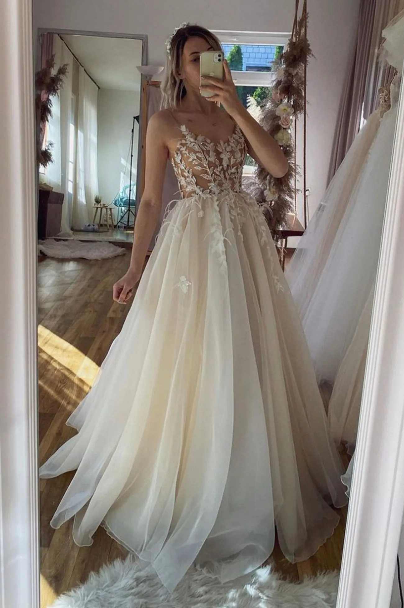 Champagne Spaghetti Strap Tulle Long A-Line Prom Dress