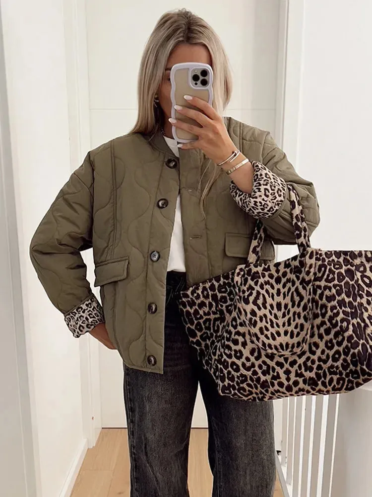 Chic KELCEY Leopard Print Lining Cotton Jacket puffer jacket hottest autumn jacket