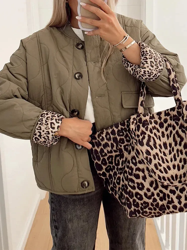 Chic KELCEY Leopard Print Lining Cotton Jacket puffer jacket hottest autumn jacket