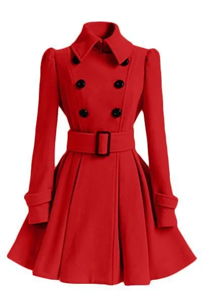 Clearance Flared Hem Turn-down Collar Slim Double Button Wool Coat With Belt on