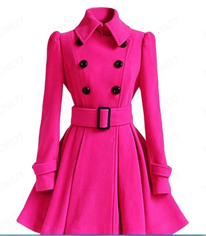 Clearance Flared Hem Turn-down Collar Slim Double Button Wool Coat With Belt on