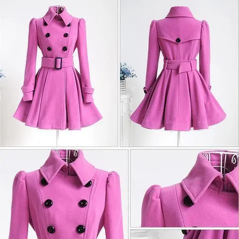 Clearance Flared Hem Turn-down Collar Slim Double Button Wool Coat With Belt on