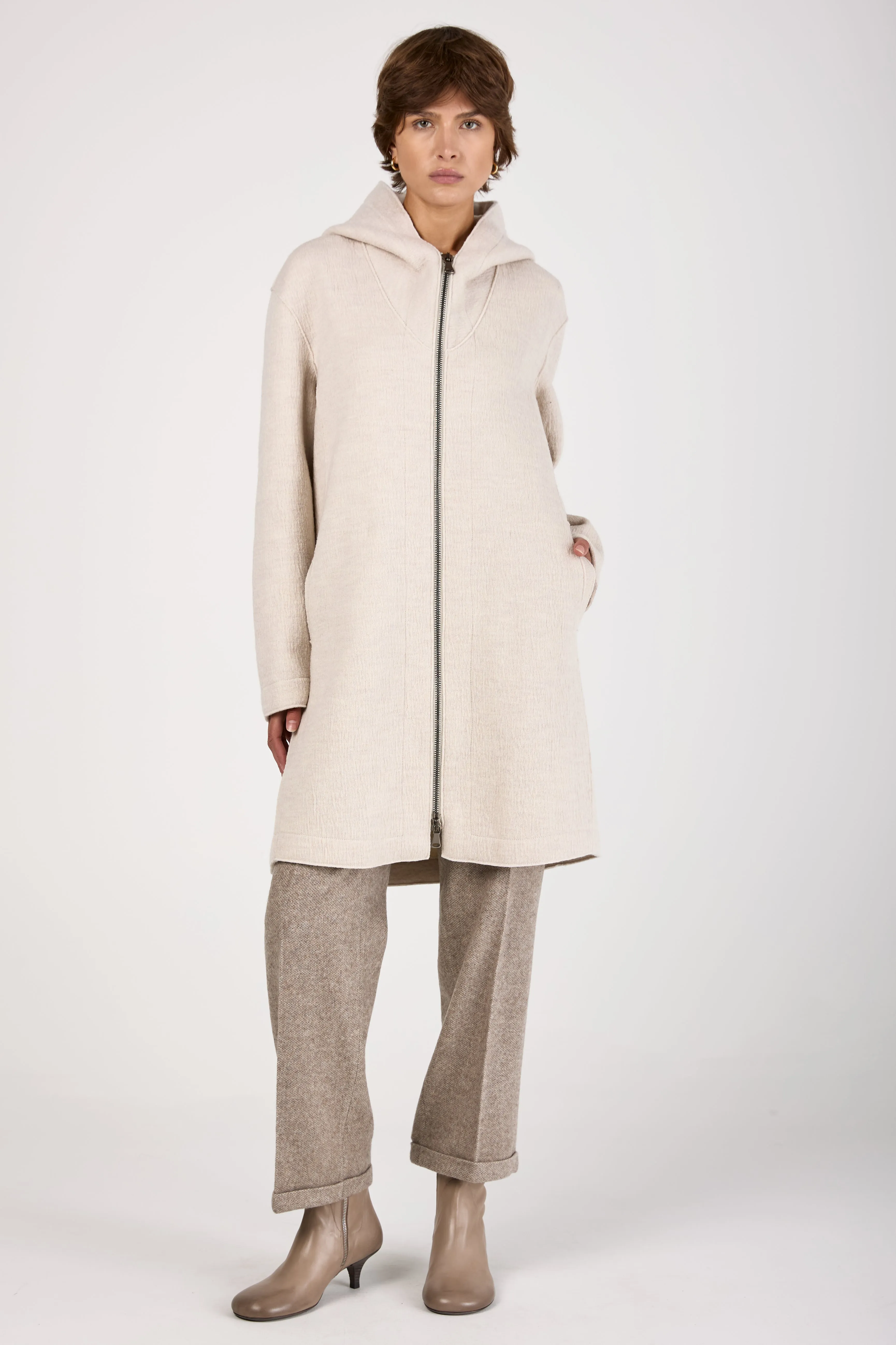 Comfort Hooded Long Wool Jacket in Ice