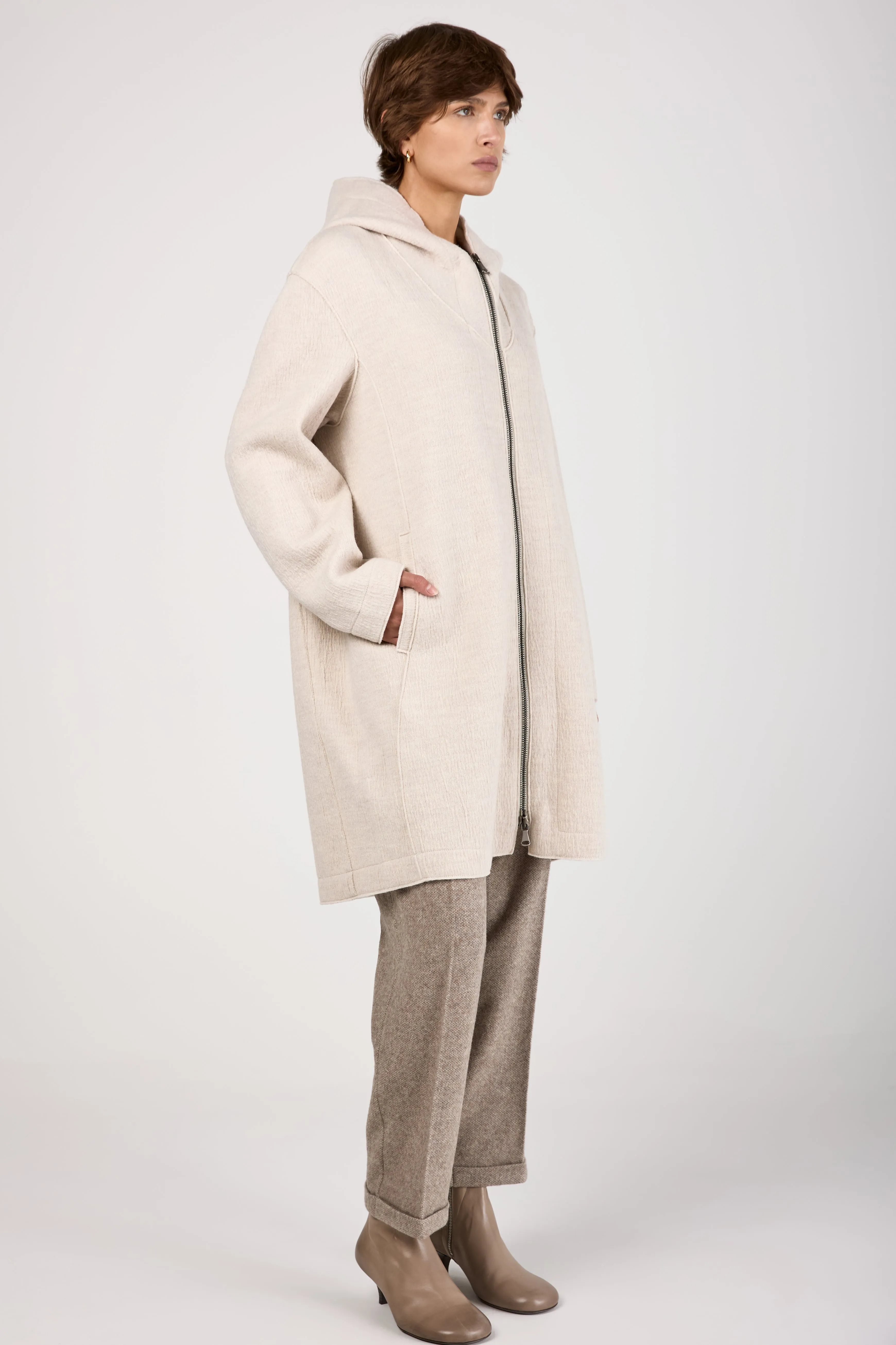 Comfort Hooded Long Wool Jacket in Ice