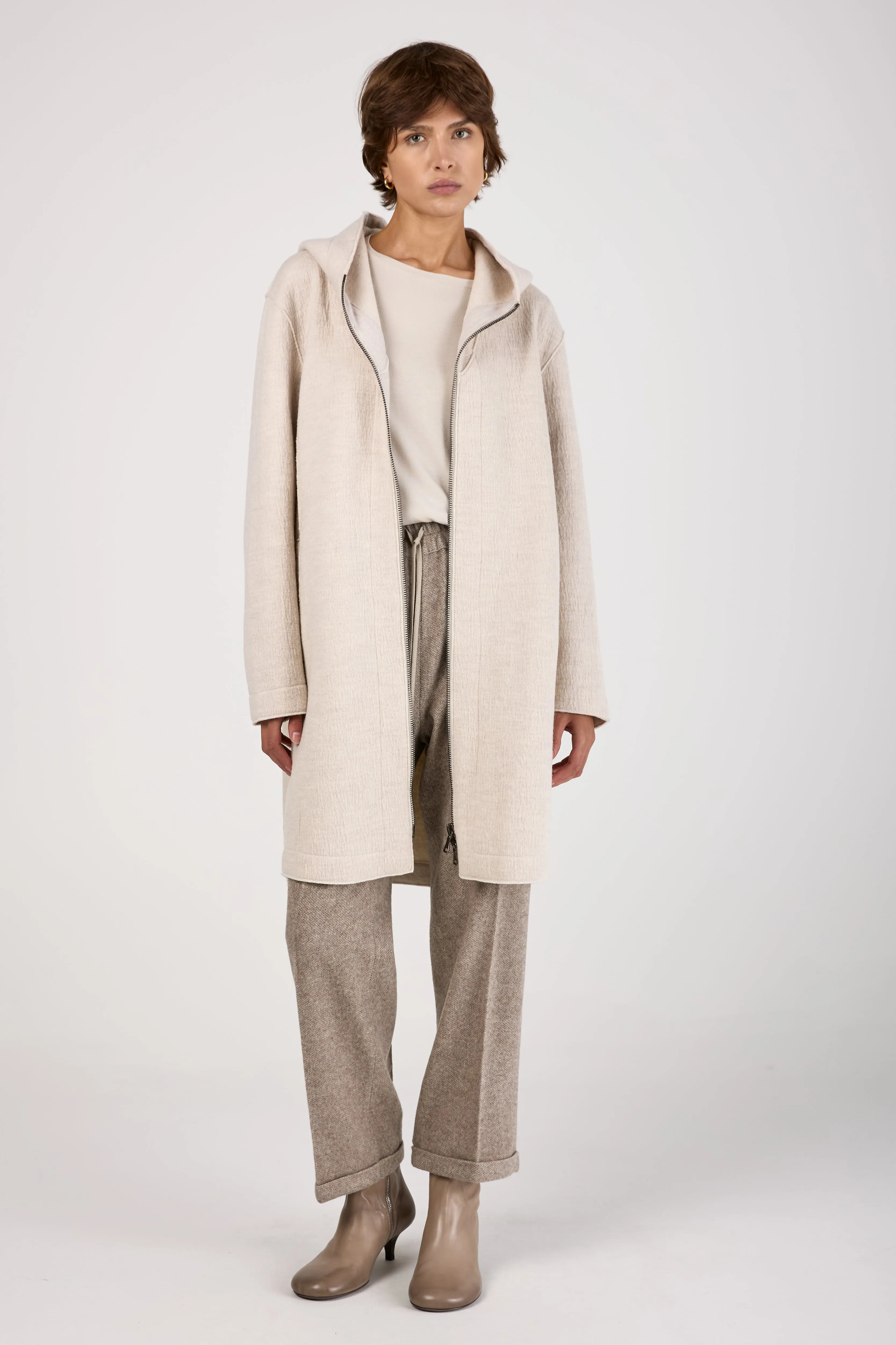 Comfort Hooded Long Wool Jacket in Ice