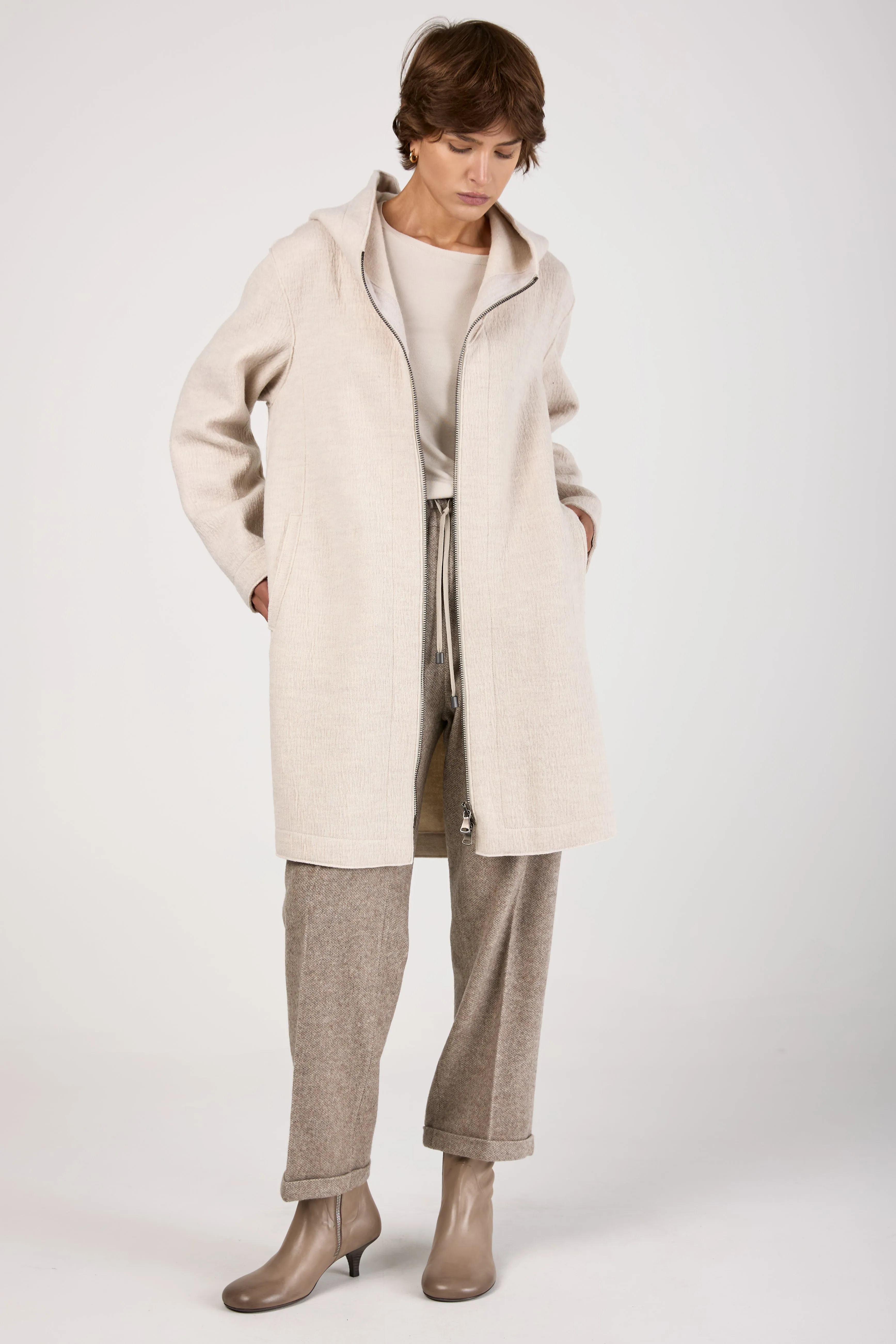 Comfort Hooded Long Wool Jacket in Ice