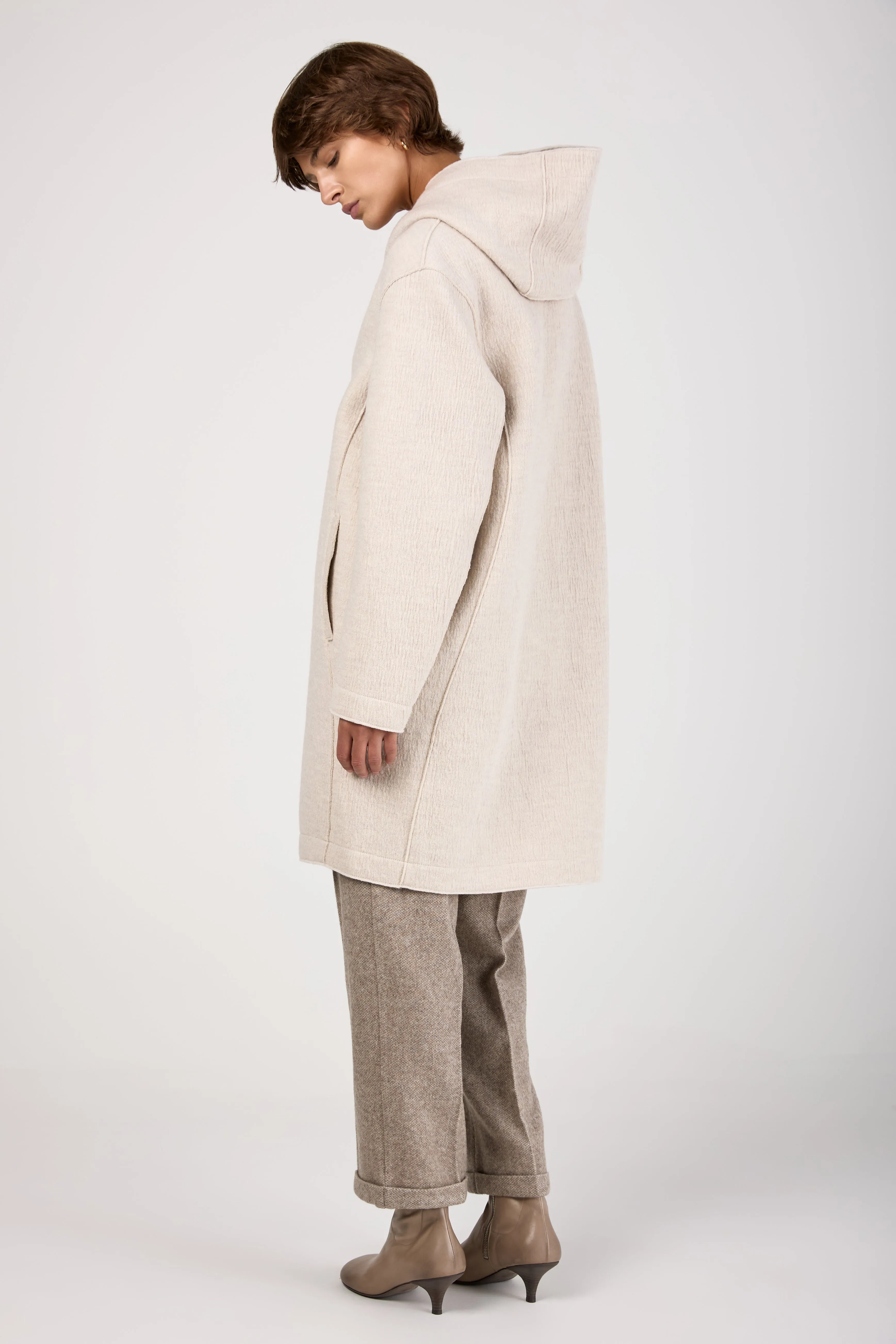 Comfort Hooded Long Wool Jacket in Ice