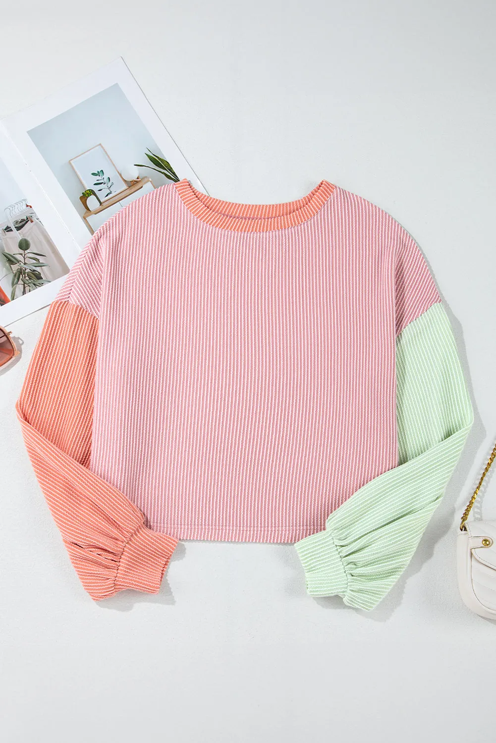 Corduroy Colorblock Slouchy Long Sleeve Sweater