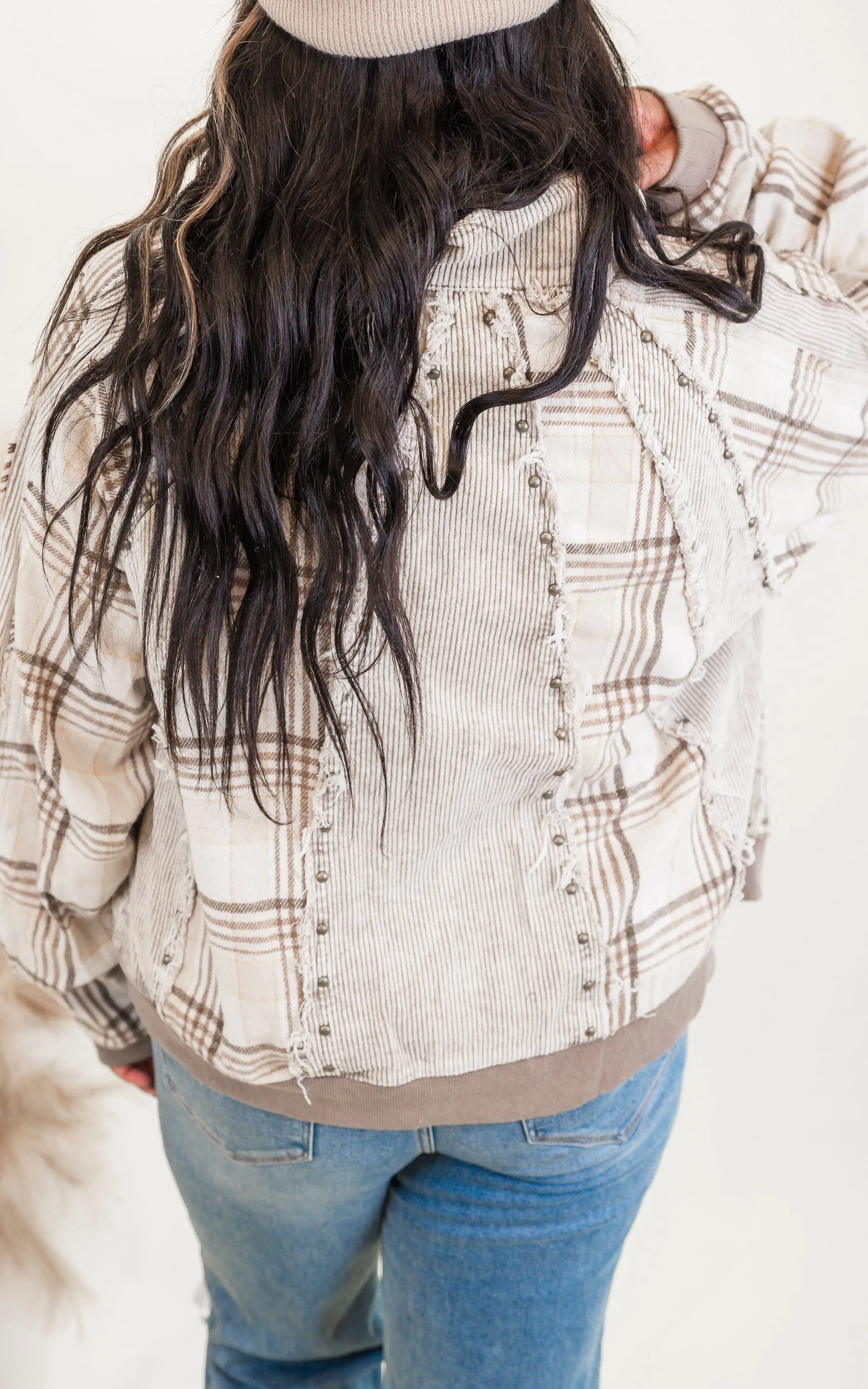 Cream Washed Corduroy Plaid Mixed Studded Jacket