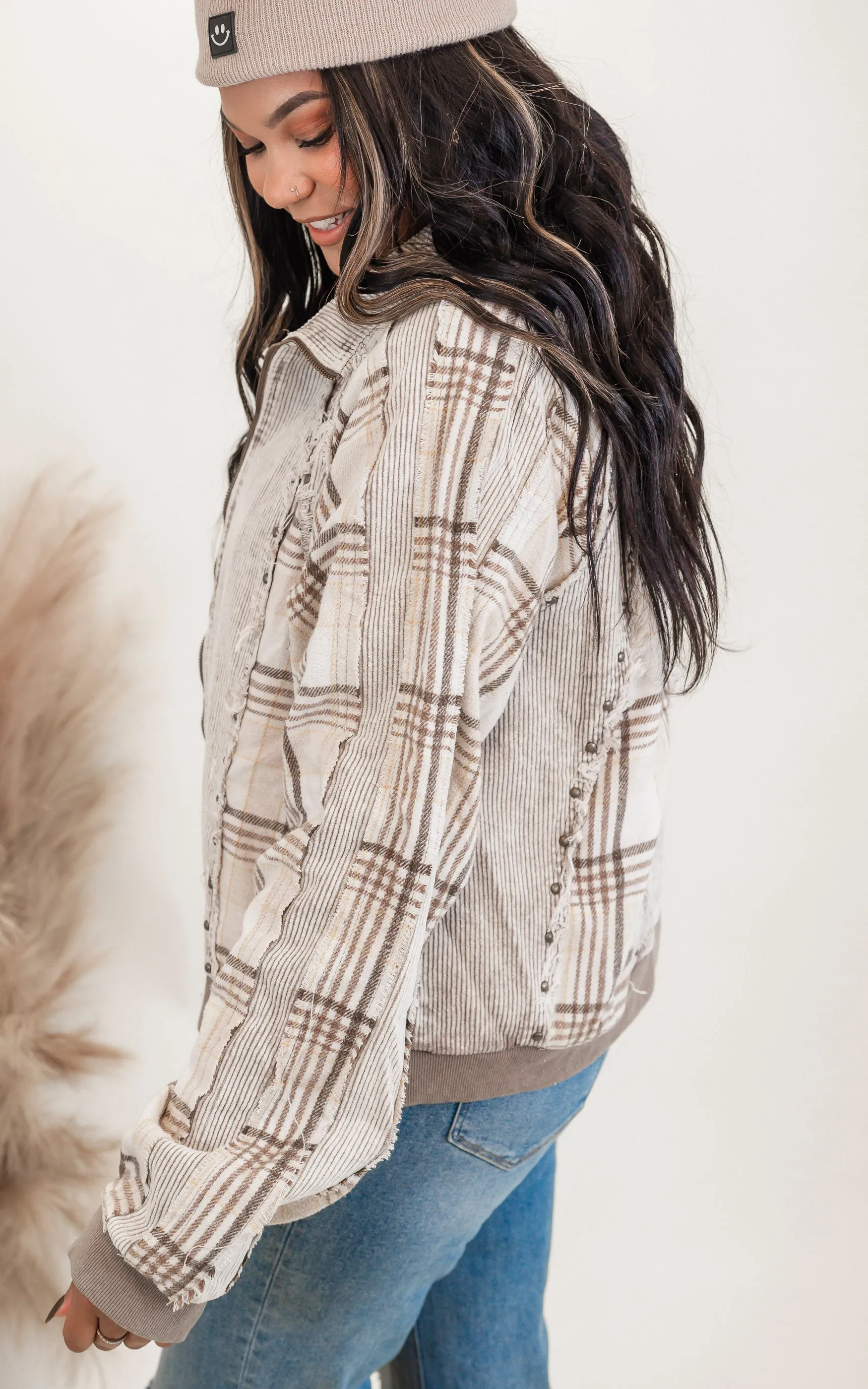 Cream Washed Corduroy Plaid Mixed Studded Jacket