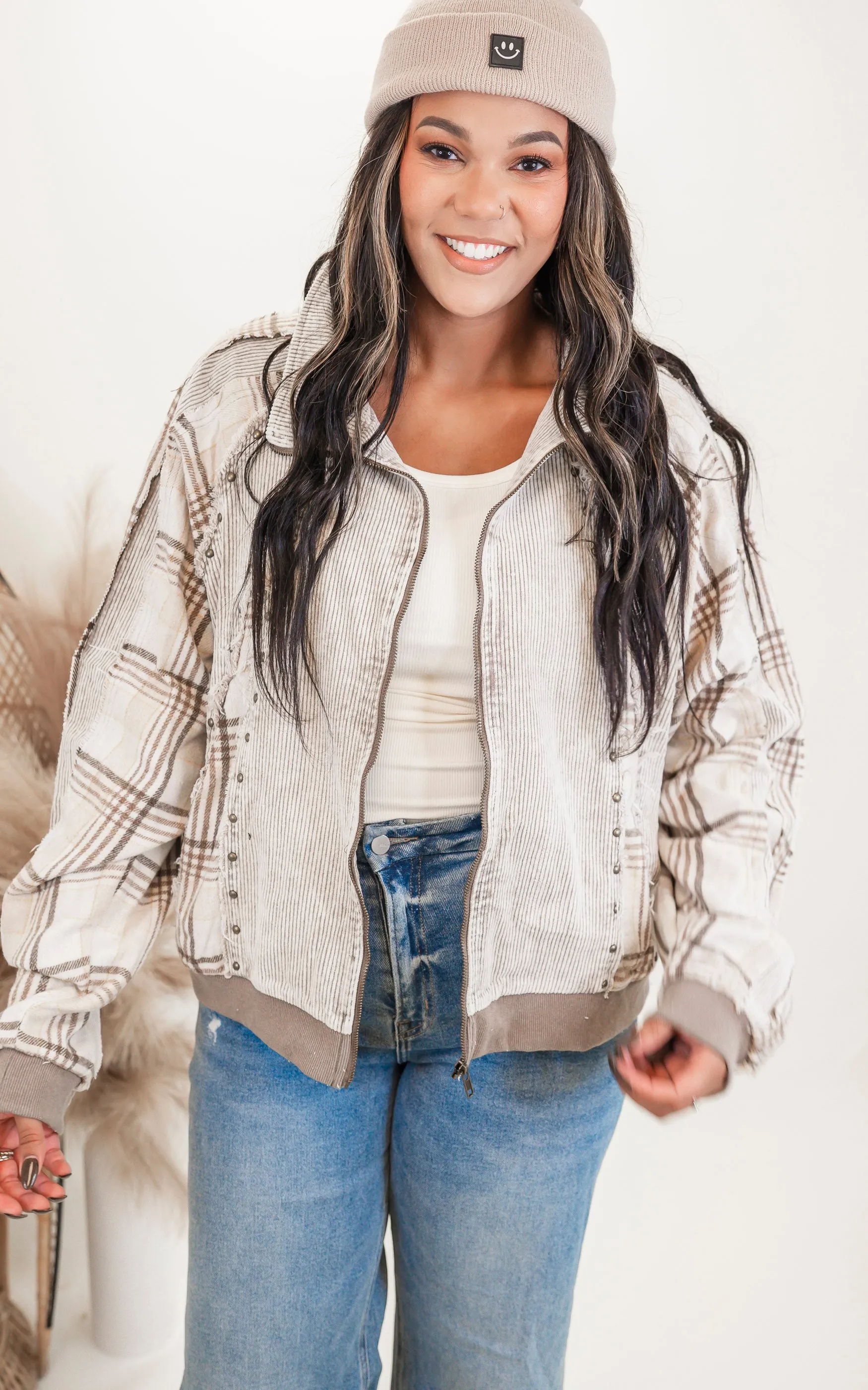 Cream Washed Corduroy Plaid Mixed Studded Jacket