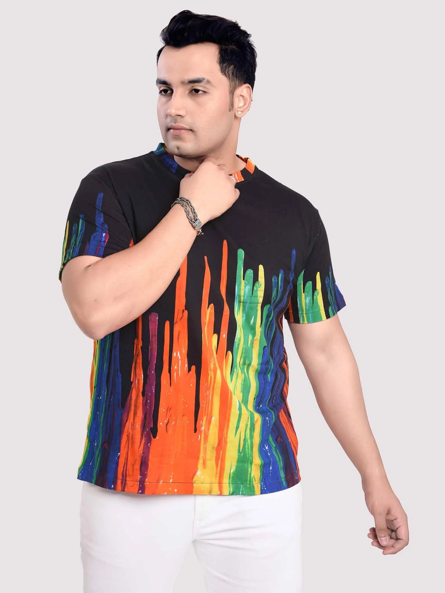 Dancing Fountain Black Digital Printed Round Neck T-Shirt Men's Plus Size