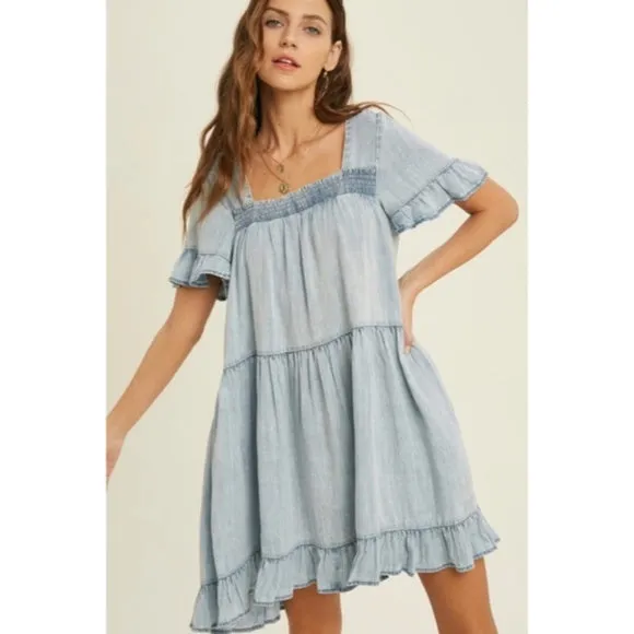 Denim Tencel Square Neck Short Sleeve Ruffle Trim Babydoll Casual Mini Dress