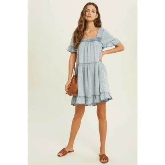 Denim Tencel Square Neck Short Sleeve Ruffle Trim Babydoll Casual Mini Dress