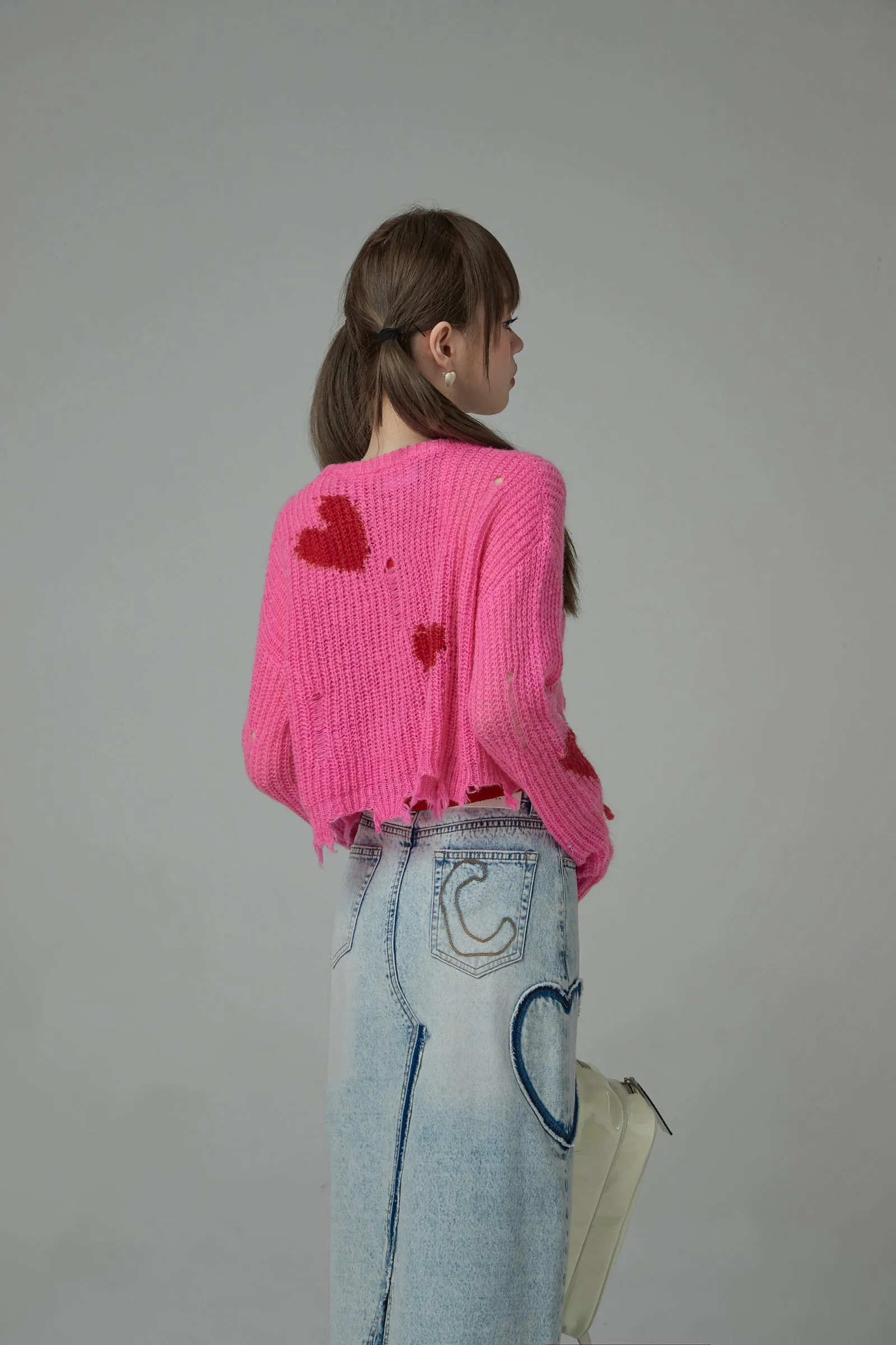 Distressed Heart Cropped Knit Sweater