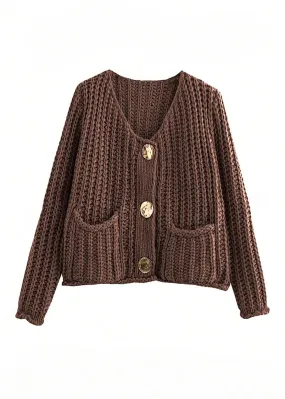 Donni Cropped Knit Cardigan in Brown