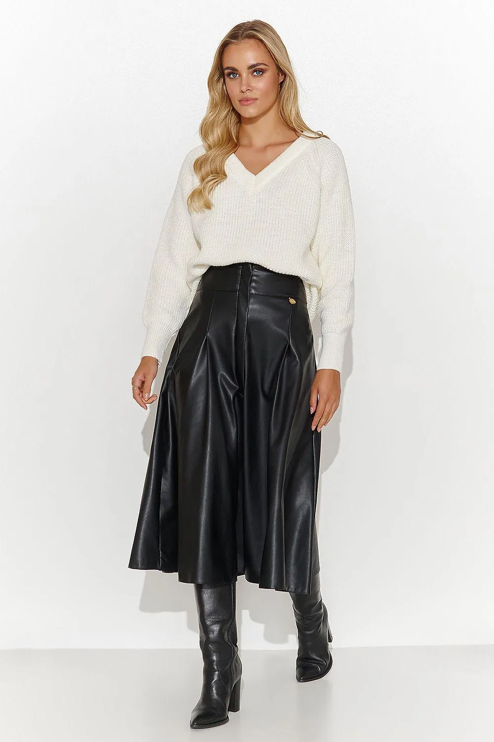 Elegant Black Leather Midi Skirt with Gold Accents