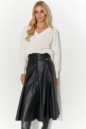 Elegant Black Leather Midi Skirt with Gold Accents