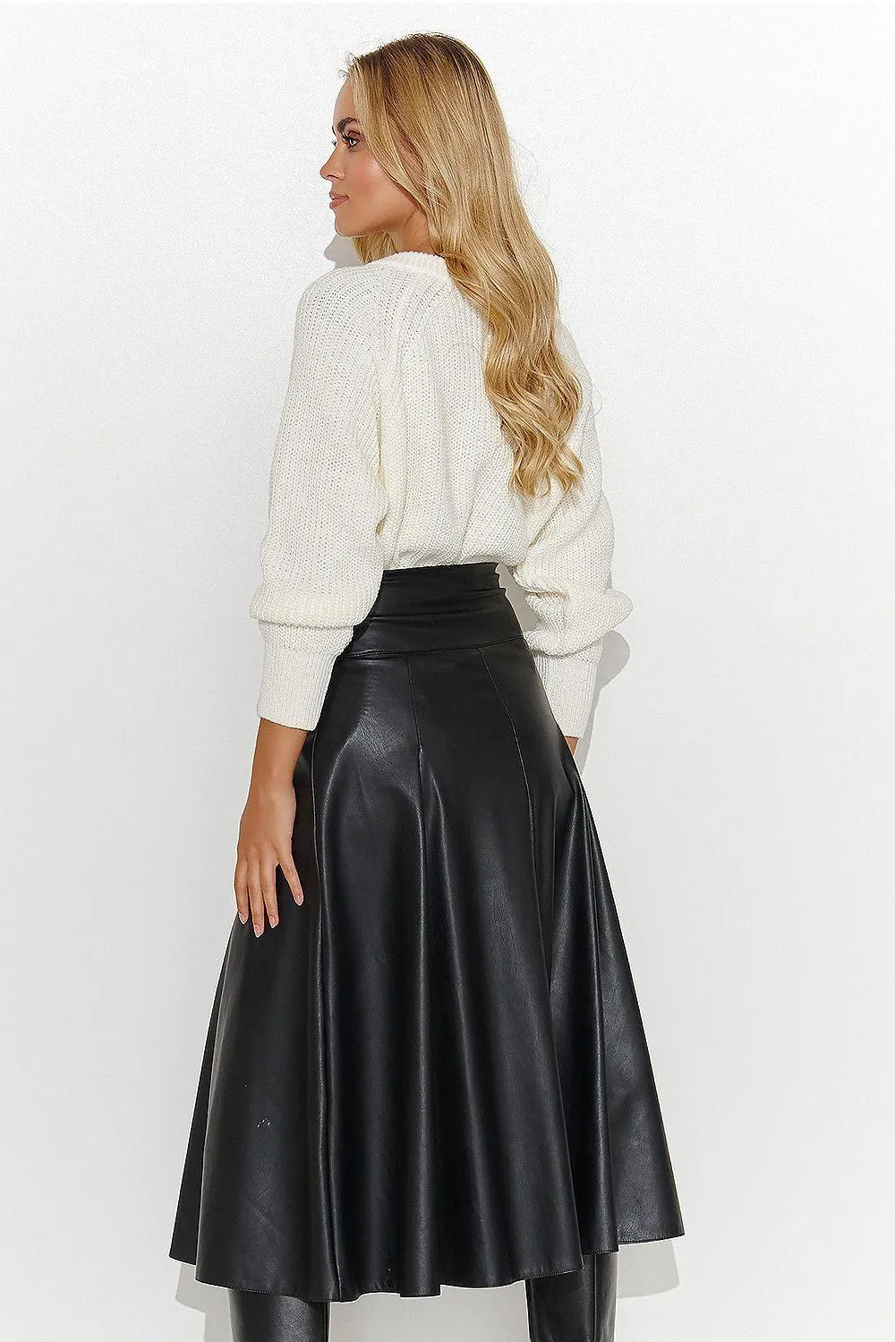 Elegant Black Leather Midi Skirt with Gold Accents