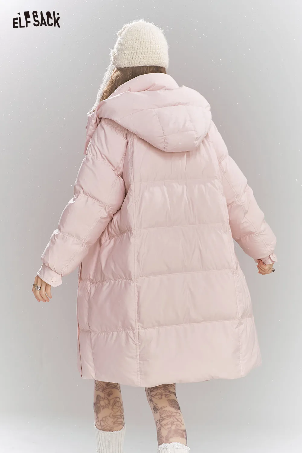 ELFSACK 2024 Winter New Arrivals Sweet Preppy style hooded down jacket for women long warm thick coat